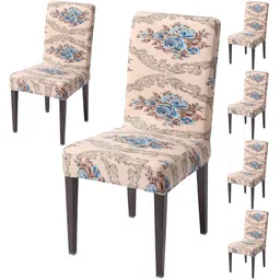HOKIPO 6-Piece Beige & Blue Printed Stretchable Chair Covers-image-44