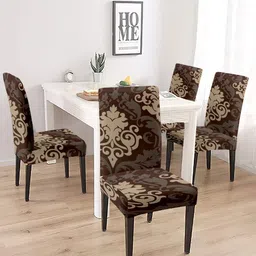 Cortina Brown & Beige 4 Pcs Ethnic Motif Printed Super Stretchable Chair Covers-10