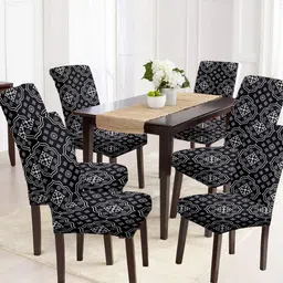Cortina Black & White 6 Pcs Ethnic Motif Printed Super Stretchable Chair Covers-22