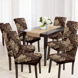 Cortina Brown & Beige 6 Pcs Ethnic Motif Printed Super Stretchable Chair Covers-1