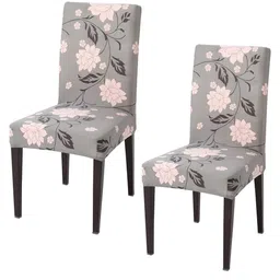 HOKIPO 2 Pcs Grey & Pink Floral Printed Stretchable Dining Chair Covers-17