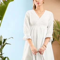 SASSAFRAS Self Design V Neck Bell Sleeves Pure Cotton Empire Dress-image-81
