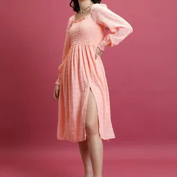 Tokyo Talkies Pink Self Design Square Neck Smocked A-Line Midi Dress-image-16
