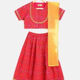 Tiber Taber Girls Pink & Green Printed Ready to Wear Lehenga & Blouse With Dupatta-52