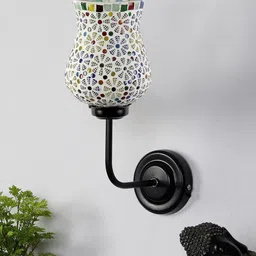 Devansh White & Blue Mosaic Glass Shade Wall Mounted Lamp with Iron Base-25