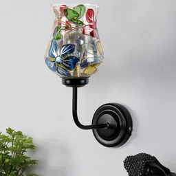 Devansh Blue & Red Floral Mosaic Glass Shade Wall Mounted Lamp with Iron Base-45
