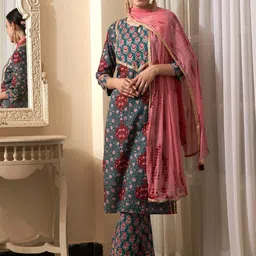 Sangria Teal Blue Floral Printed Gotta Patti Pure Cotton Kurta With Trousers & Dupatta-15