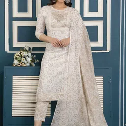FASHION DEPTH Ethnic Motifs Printed Mirror Work Pure Cotton Kurta With Trousers & Dupatta-94