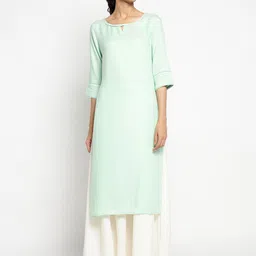 AURELIA Women Green Solid Key Hole Neck A Line Kurta-34