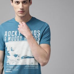 Roadster Men Teal Typography Printed Pure Cotton T-shirt-image-3