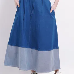 SUMAVI-FASHION Colorblocked Denim Midi Skirts-image-82