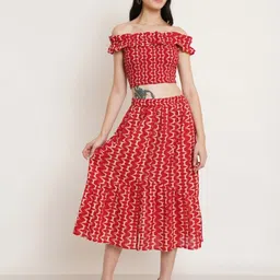 COTLAND FASHION Abstract Printed Off-Shoulder Pure Cotton Top With Skirt Co-Ord-31