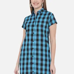 Indietoga Turquoise Blue Pure Cotton Checked Shirt Dress-image-27