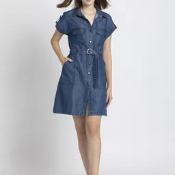 SHAYE Spread Collar Short Sleeves Denim Shirt Dress-image-35