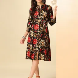 Anouk Brown Floral Printed Mandarin Collar Shirt Dress-image-44