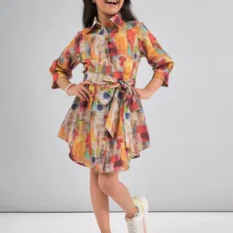 Stylo Bug Girls Floral Printed Shirt Collar Cuffed Sleeves Tie-Ups Detail Shirt Dress-image-96