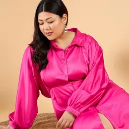 CURVY STREET Plus Size Puff Sleeve Satin Shirt Style Dress-picture-23
