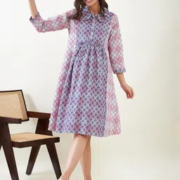 The Kaftan Company Geometric Printed Cotton Gathered Or Pleated Maternity Shirt Dress-image-61