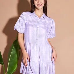 Marie Claire Lavender Checked Puff Sleeves Cotton Shirt Dress-image-37