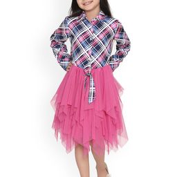 StyleStone Girls Pink & Navy Blue Checked Fit and Flare Dress-image-96