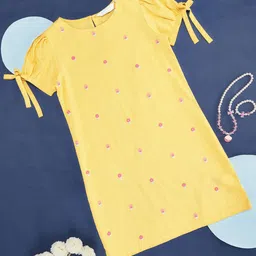 AKKRITI BY PANTALOONS Girls Floral Embroidered Puff Sleeves Cotton Linen T-shirt Dress-13