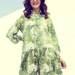 Athena Green Floral Printed Shirt Collar Drop-Waist Dress-37
