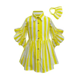 A T U N Yellow & White Striped Shirt Dress with Mask-image-95