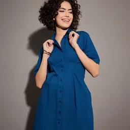 SASSAFRAS Navy Blue Shirt Collar Smocked Detail Pure Cotton Shirt Dress-image-23