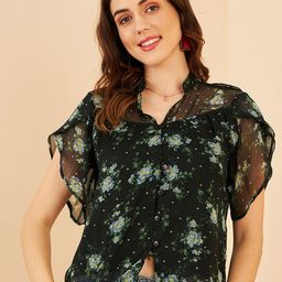 RARE Black Floral Printed Mandarin Collar Extended Sleeves Top-image-36
