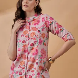 all about you Floral Print Mandarin Collar Roll-Up Sleeves Shirt Style Longline Top-image-40