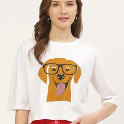ANVI Be Yourself Women White  Mustard Yellow Dog Printed Round Neck Boxy Crop Pure Cotton T-shirt-image-16