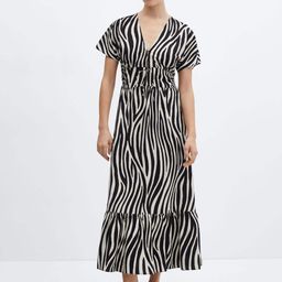 MANGO Animal Printed V-Neck Extended Sleeves Tie-Ups Detail Smocked A-Line Midi Dress-image-4