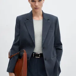MANGO Notched Lapel Single-Breasted Longline Formal Blazer-55