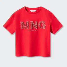 Mango Kids Girls Brand Logo Textured Cotton Sustainable T-shirt with Embellished Detail-image-60