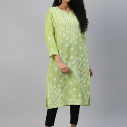 ADA Women Green & White Ethnic Motifs Chikankari Hand Embroidered Sustainable Kurta-picture-39