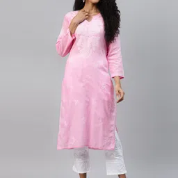 ADA WomenPink Ethnic Motifs Chikankari Hand Embroidered Straight Handloom Kurta-picture-42
