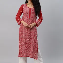 ADA Women Red & White Hand Embroidered ChikankariHandloom Kurta With Matching Slip-2
