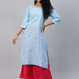 ADA Women Sustainable Blue Chikankari Hand Embroidered Straight Handloom Kurta-51