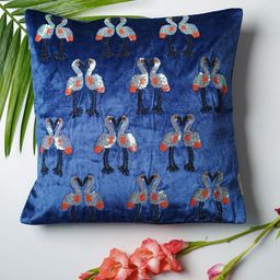 Folkstorys Blue & Coral Flamboyance of Flamingos Velvet Square Cushion Covers-46