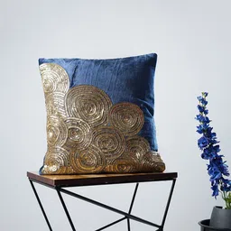 Folkstorys Blue & Gold Helical Embroidered Velvet Square Cushion Covers-57