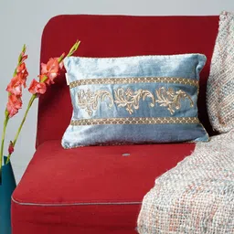 Folkstorys Blue & Gold Embroidered Velvet Rectangle Cushion Covers-image-12