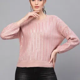 Mafadeny Women Peach Striped Pullover with Embellished Detail-image-77