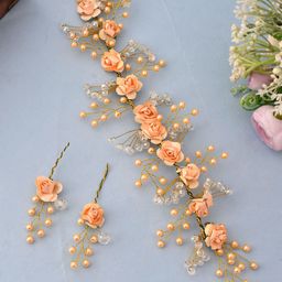 Silvermerc Designs Women Gold-Toned & Peach-Coloured Embellished Tiara Hair Ornament-7