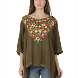 SAAKAA Women Olive Green Floral Embroidered Kaftan Top-picture-21
