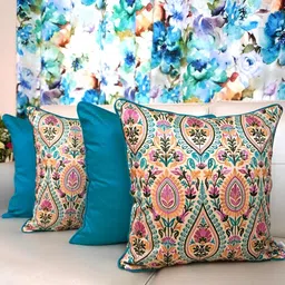 TARA- Sparkling Homes Blue & Pink Set of 2 Embroidered Square Cushion Covers-41