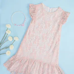Pantaloons Junior Girls Self Design Flutter Sleeve Lace Cotton A-Line Dress-picture-14
