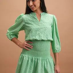 Vishudh Green Self Design Mandarin Collar Puff Sleeves Smocked Drop-Waist Dress-image-78