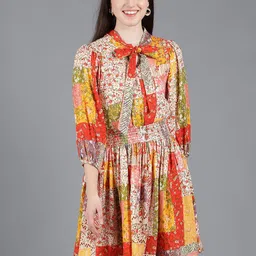 Amagyaa Floral Print Tie-Up Neck Puff Sleeve Fit & Flare Dress-picture-51