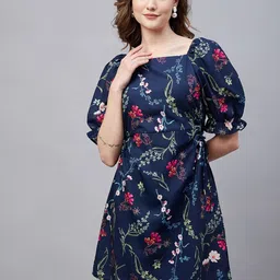 Marie Claire Navy Blue Floral Printed Flared Sleeve Georgette Fit & Flare Dress-image-53