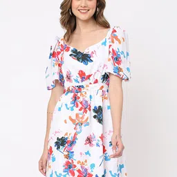 Curves by MISH Floral Printed Puff Sleeve Fit & Flare Dress-image-93